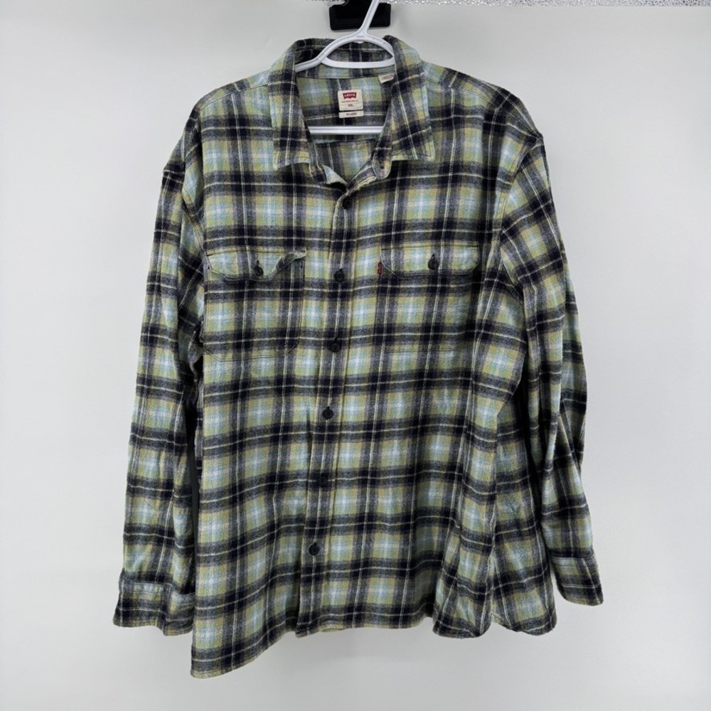 Levis Mens XXL Green Blue Black Plaid Relaxed Fit Flannel Button Down Shirt